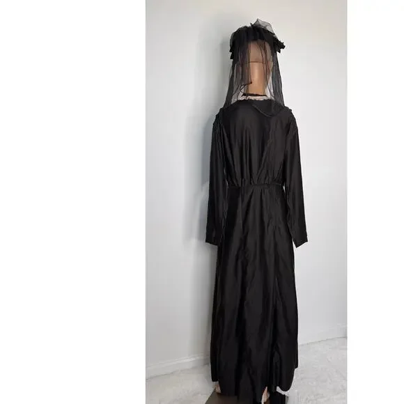 1900 Edwardian Black Mourning Dress Set w/ Brooch, Hat & Underskirt XS